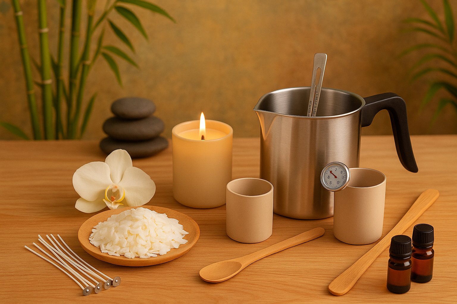 crée moi une image avec tout le matériel necéssaire pour la fabrication de bougie dans un décor zen en couleur avec une orchidée blanche et une bougie allumée