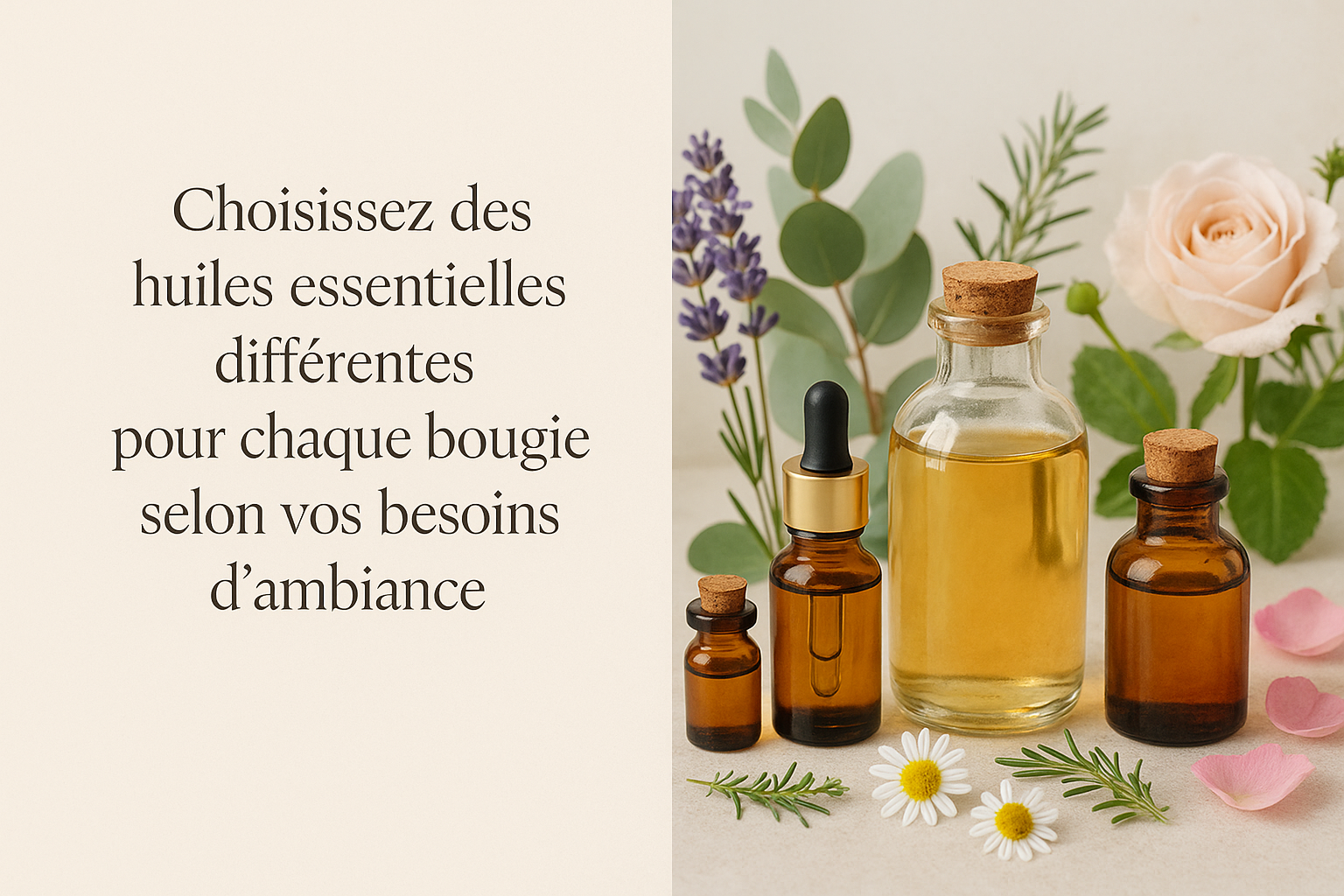crée moi une image séparé en deux, avec à droite une image nette avec des huiles essentielles et leurs fleurs et à gauche un texte pour dire que l'on peut choisir des huiles essentielles différentes pour chaque bougie pour des besoins différents d'ambiance