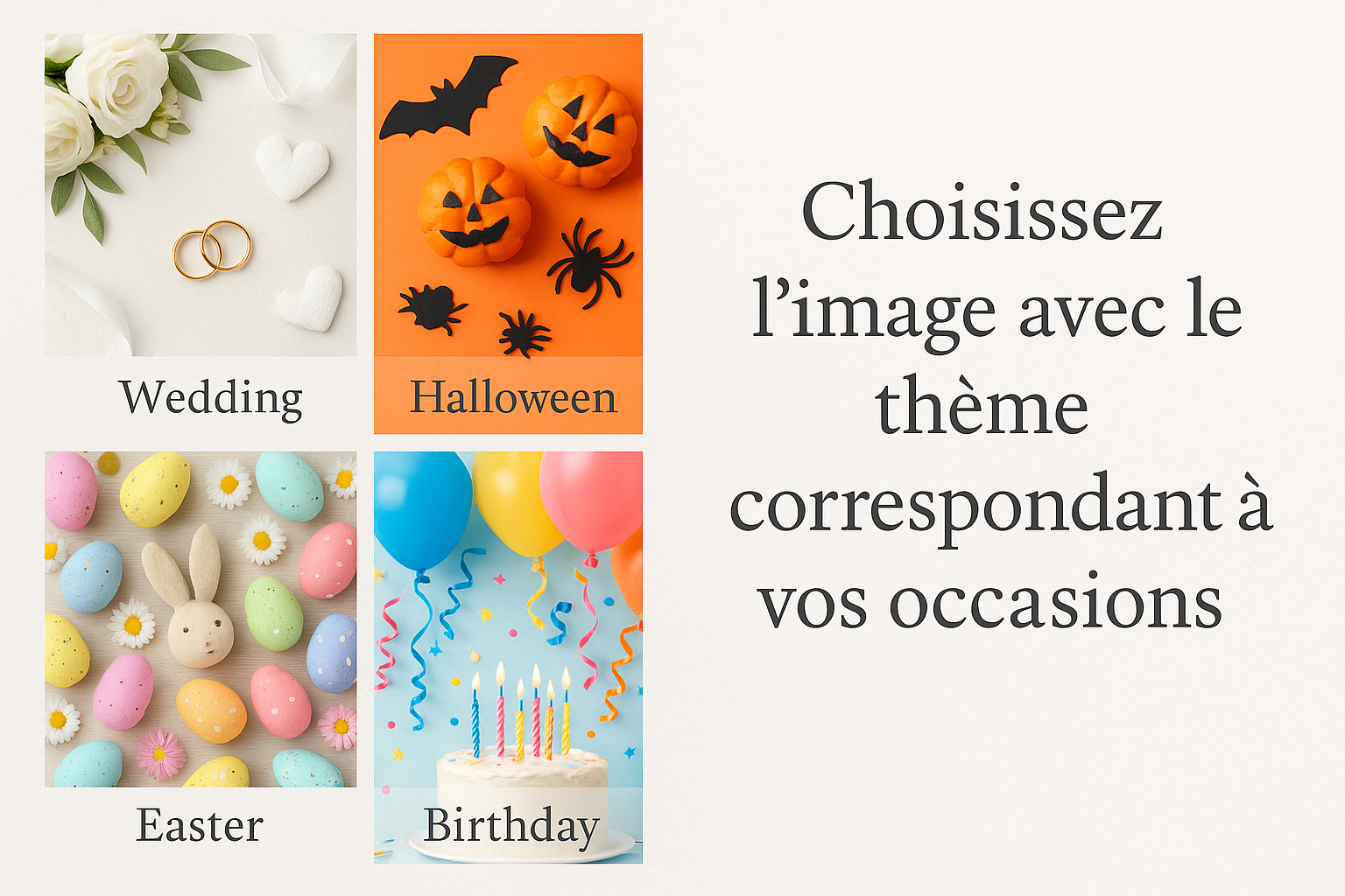 crée une image séparé en deux part identique, dans celle de gauche fait quatre cases identiques avec dans une un thème mariage, dans une un thème halloween, dans une un thème de Paques et dans une un thème d'anniversaire et dans la part de droite ecrit "choisissez l'image avec le thème correspondant à vos occasions 