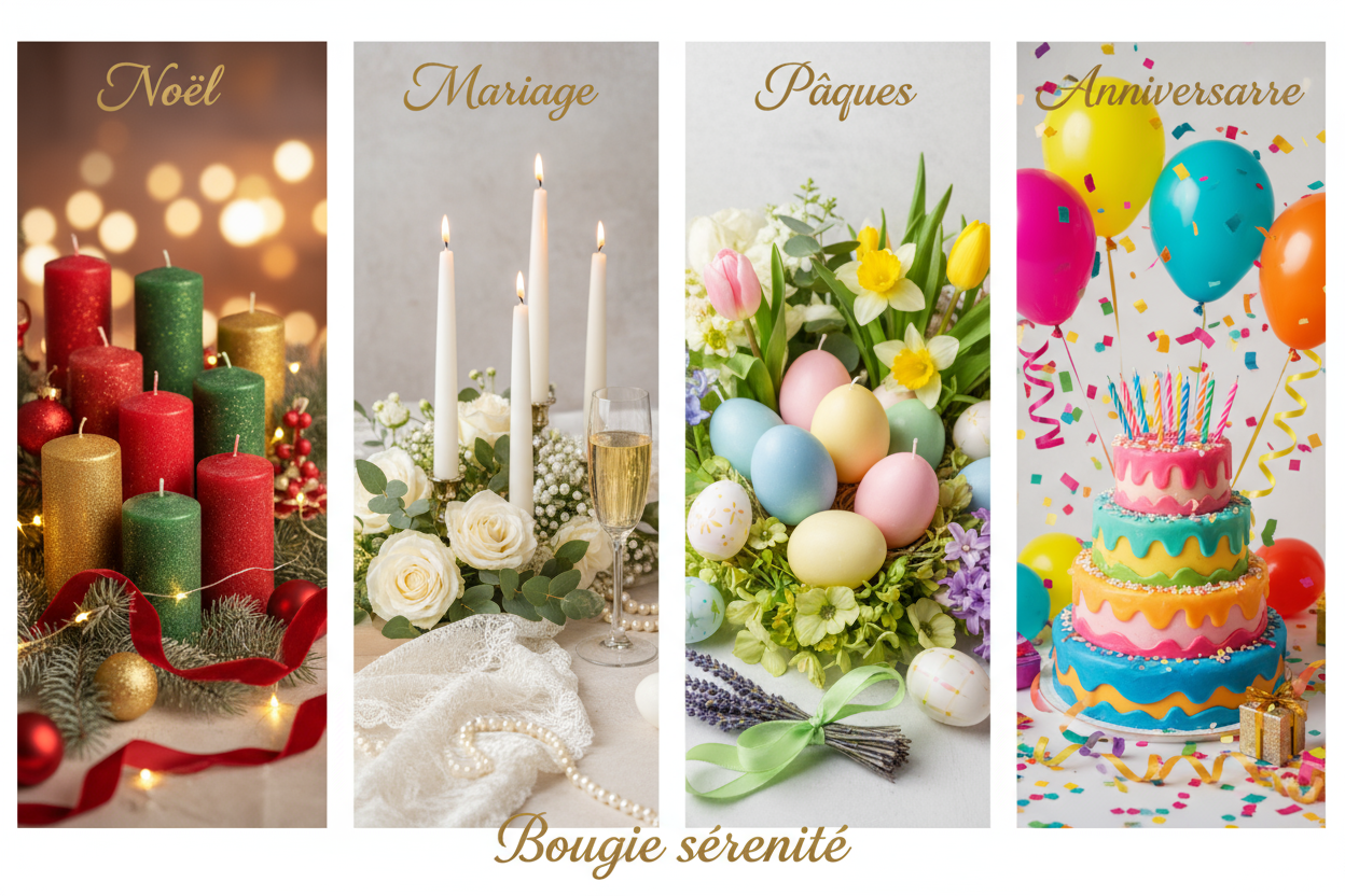 CREER MOI UNE IMAGE EN BANDEAU AVEC 4 CASES UNE AVEC LE THEME DE NOEL, UNE AVEC LE THEME DE MARIAGE, UNE AVEC LE THEME DE PAQUES, UNE AVEC LE THEME D'ANNIVERSAIRE 
