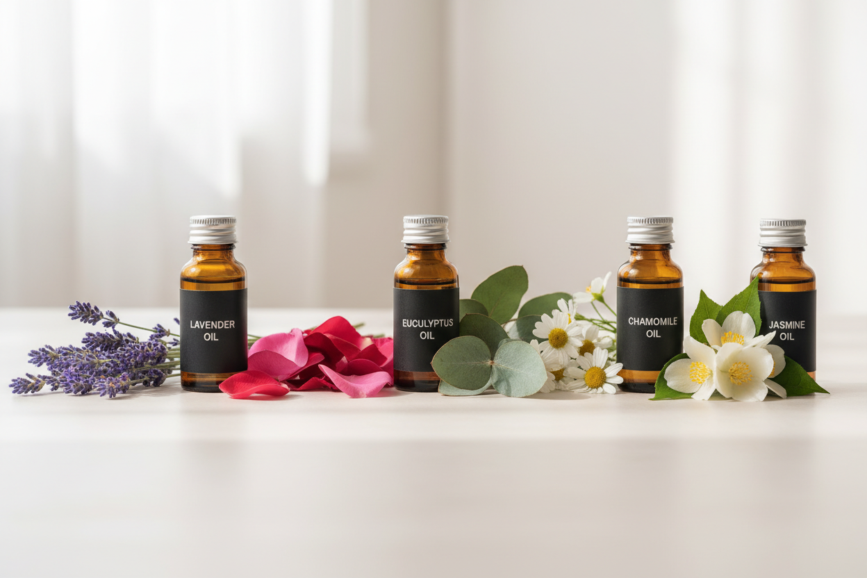 CREER UNE IMAGE EN BANDEAU AVEC DES HUILES ESSENTIELLES ET LEURS FLEURS RESPECTIVES